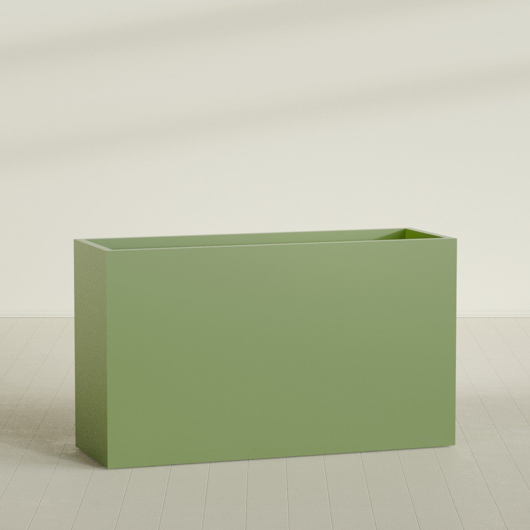Darwin Rectangular Planter in Satin Green, 72"L × 24"D × 42"H, shown empty
