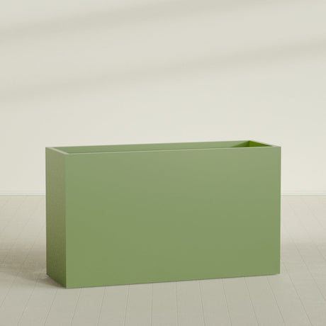 Darwin Rectangular Planter in Satin Green, 72"L × 24"D × 42"H, shown empty