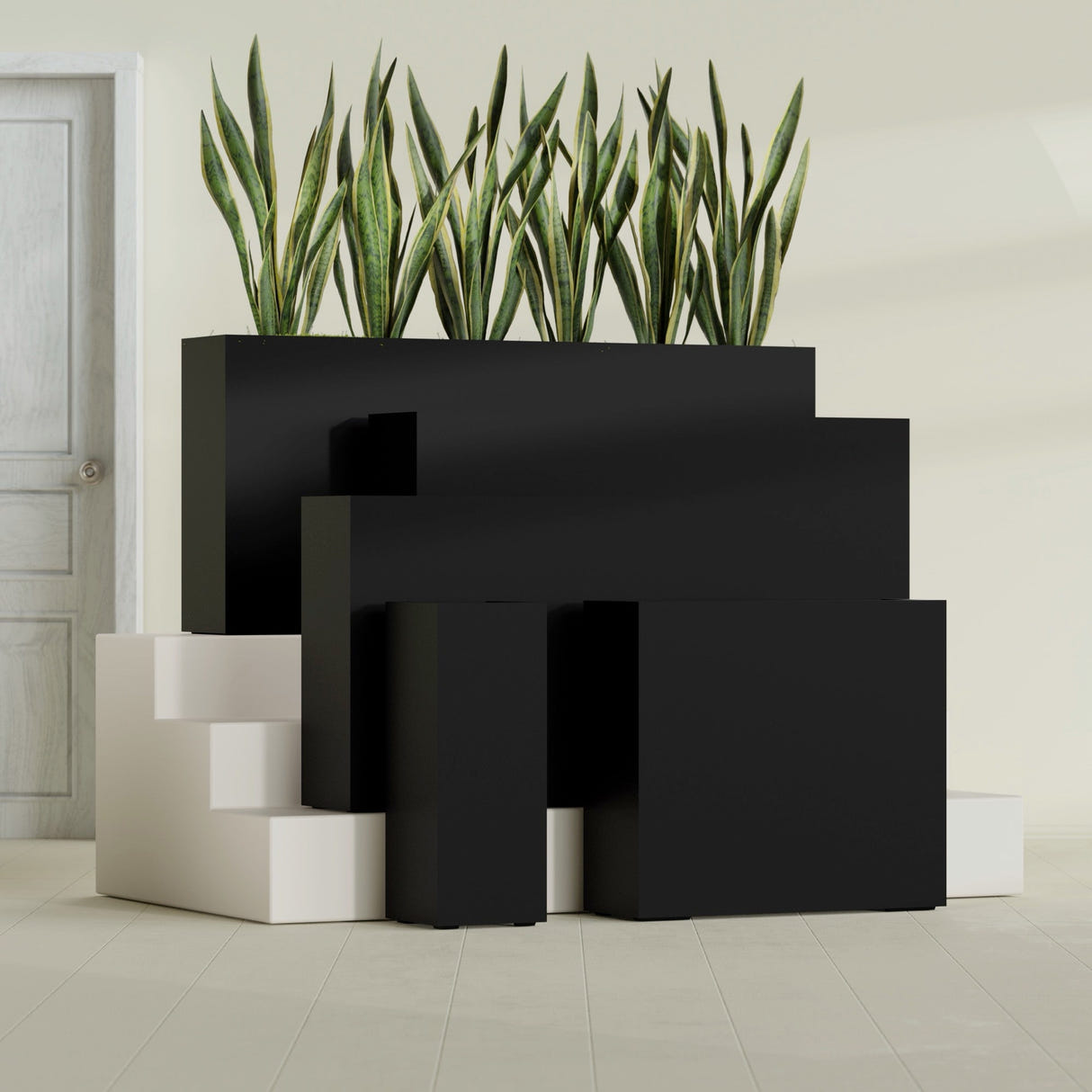Delray Rectangular fiberglass planter in Matte Black, size range, in a sunlit interior