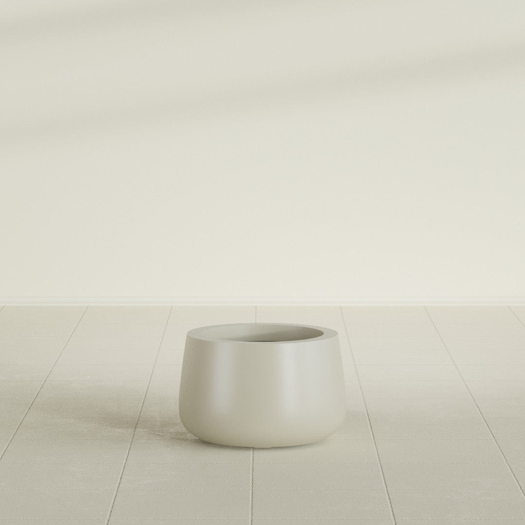 Short Hayden Bowl Planter in Satin Beige, 12"D × 7"H, shown empty
