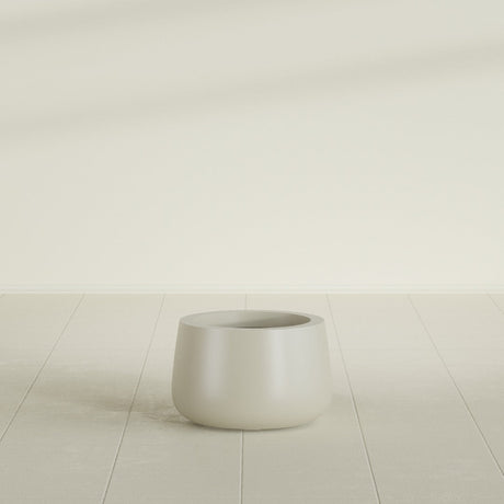 Short Hayden Bowl Planter in Satin Beige, 12"D × 7"H, shown empty