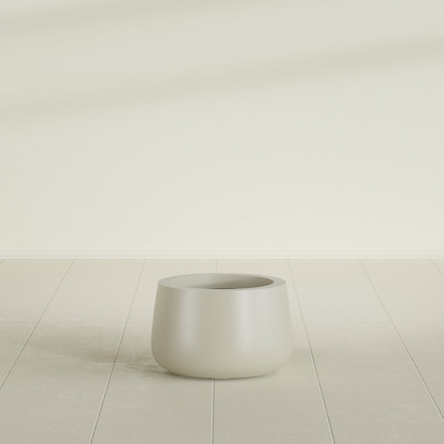 Short Hayden Bowl Planter in Satin Beige, 12"D × 7"H, shown empty