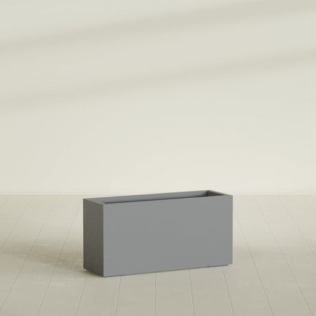 Miami Narrow Rectangular Planter in Matte Gunmetal, 36"L × 12"D × 18"H, shown empty