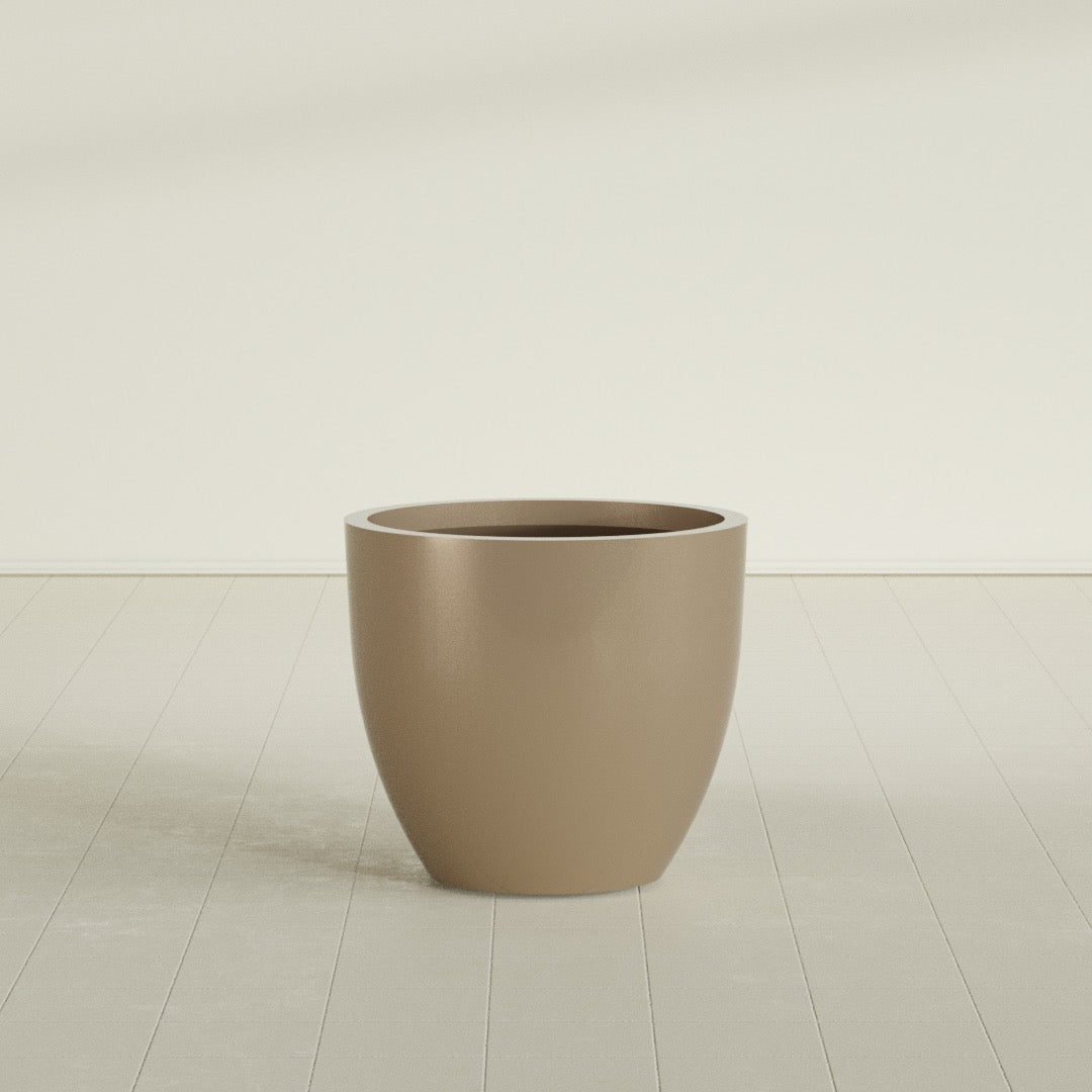 Wannsee Round Planter in Gloss Metallic Gold, 33"D × 29"H, shown empty
