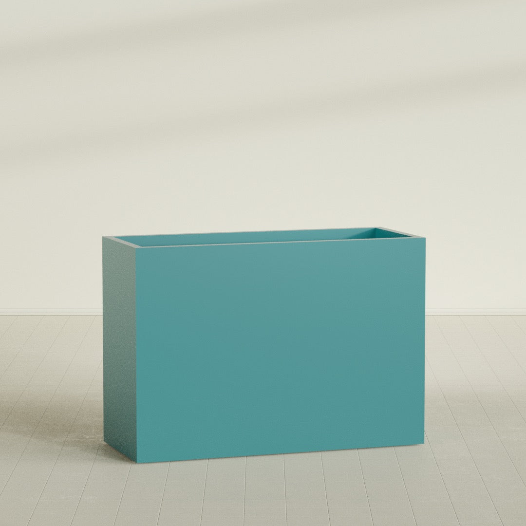 Darwin Rectangular Planter in Satin Seafoam Green, 60"L × 24"D × 42"H, shown empty