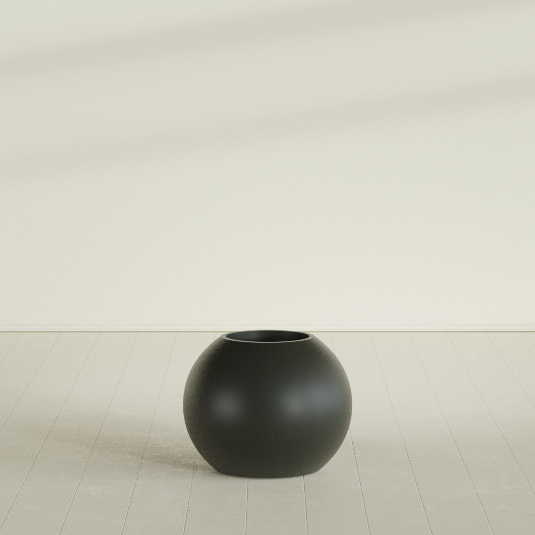 Globe Planter in Matte Charcoal, 24"D × 19"H, shown empty