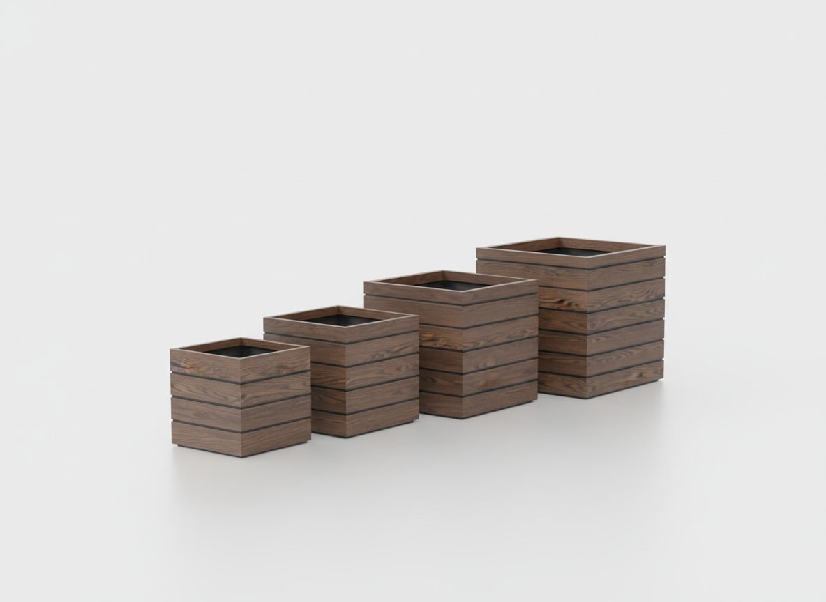 Asheville Cube fiberglass planter in Woodland, the four sizes shown together