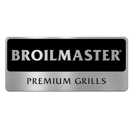 Broilmaster logo with bold silver lettering on black background and premium grills text on brushed metal panel
