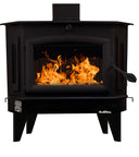 Buck Stove Bay Series Model 91 Catalytic Stove with bright orange flames visible through the large glass door and sturdy black frame
