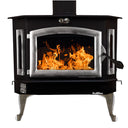 Buck Stove Bay Series Model 91 Catalytic Stove with steel frame and visible burning flames inside the firebox