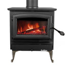 Buck Stove Model 21 Non-Catalytic Wood Stove showing warm glowing fire behind a clear glass door in classic black design