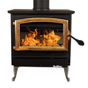Buck Stove Model 21 Non-Catalytic Wood Stove with classic brass-trimmed door showing bright flames inside