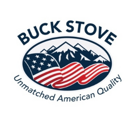 Logo featuring stylized mountains and an American flag with the text Buck Stove and Unmatched American Quality