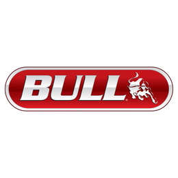 Bold red oval logo with silver gradient text reading Bull and stylized bull figure charging on right side