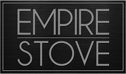 Minimalist black textured metal sign with embossed uppercase text reading Empire Stove in a modern sans-serif font