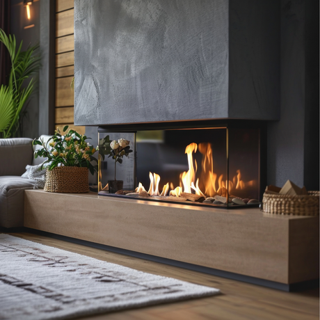 Modern corner fireplace with glowing flames, surrounded by neutral decor, woven baskets, and houseplants on wooden floor