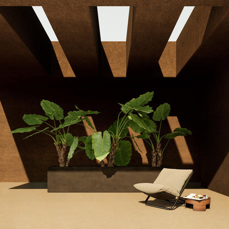 Lonno Long Trough Cosapots fiberglass planter, shown planted with alocasias in a daylit interior beside a lounge chair.