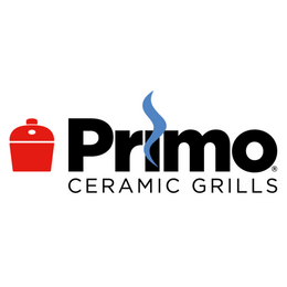 Logo for Primo Ceramic Grills featuring red ceramic grill icon and black bold text with blue smoke graphic element