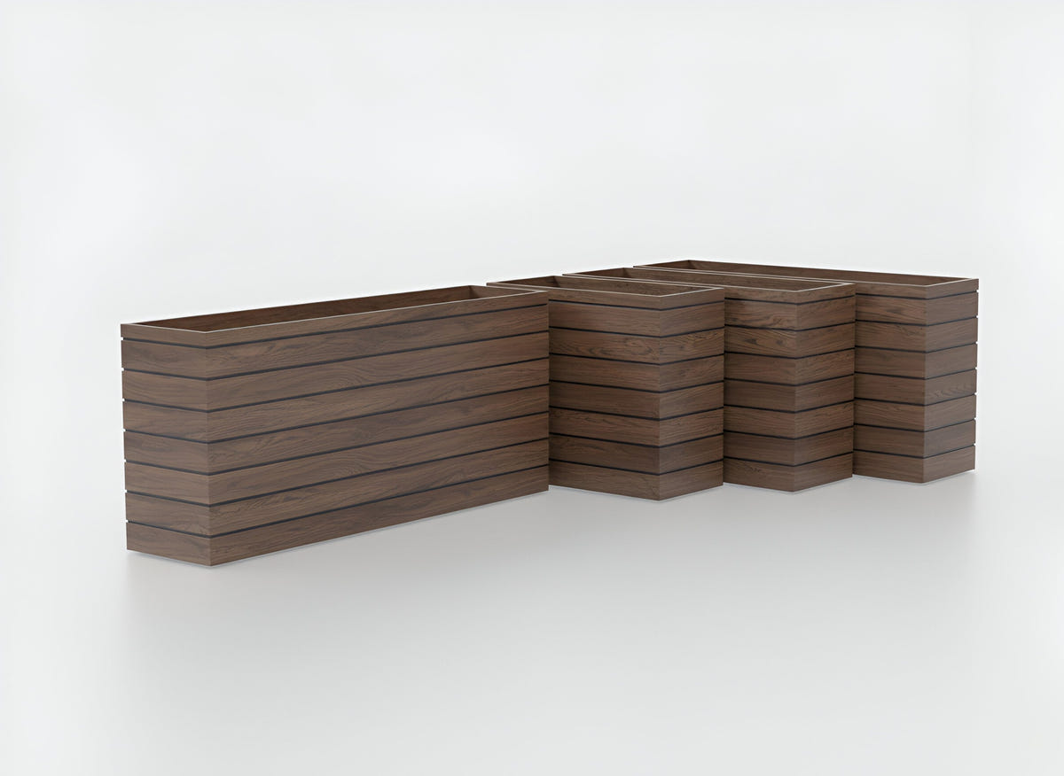 Sedona Tall Rectangle fiberglass planters in Woodland, several sizes shown together