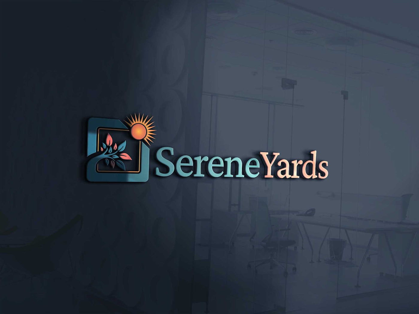 Serene Yards logo mounted on a glass wall in an office interior