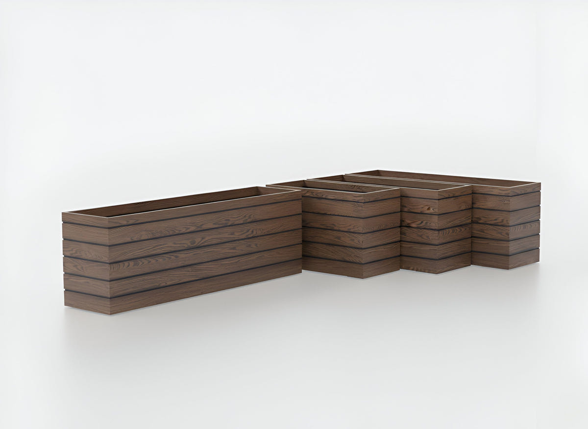 Siena Short Rectangle fiberglass planters in Woodland, several sizes shown together