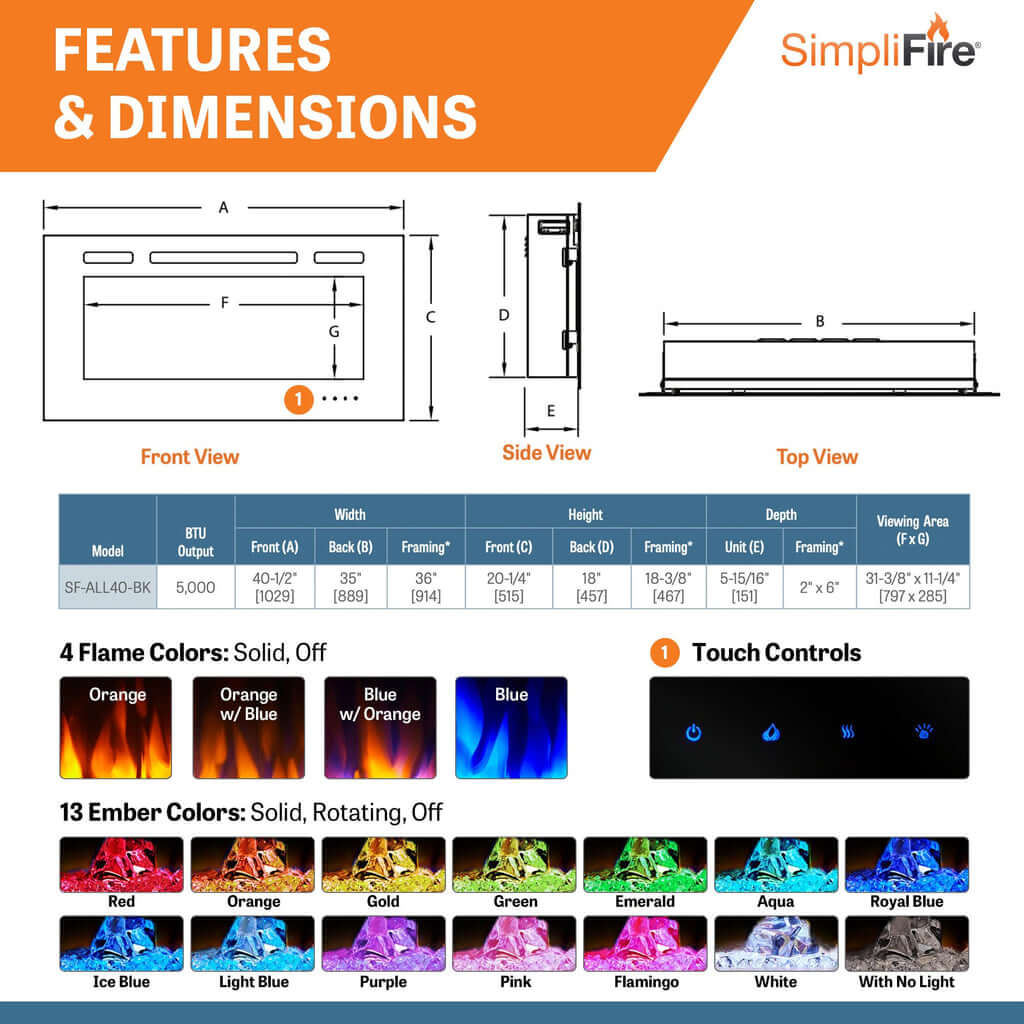 Simplifire Allusion 40" Recessed Linear Electric Fireplace SF-ALL40-BK