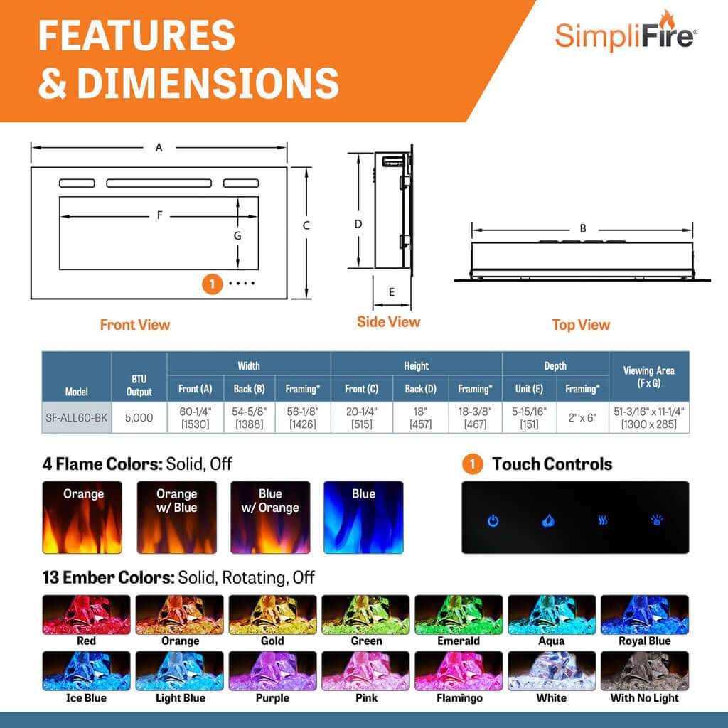 Simplifire Allusion 60" Recessed Linear Electric Fireplace SF-ALL60-BK