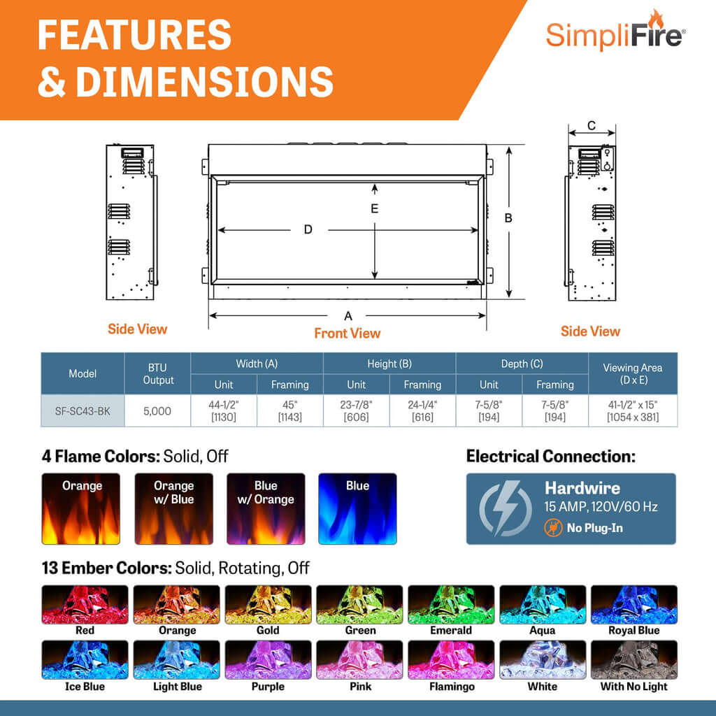 Simplifire 43" Scion Clean Face Linear Electric Fireplace SF-SC43-BK