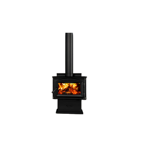 Enerzone Solution 1.7 Wood Stoves with black cast iron body and visible warm flames inside the firebox