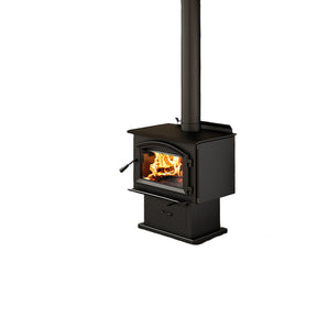 Enerzone Solution 2.3 Wood Stoves showing classic black steel design with glowing fire inside and vertical chimney pipe