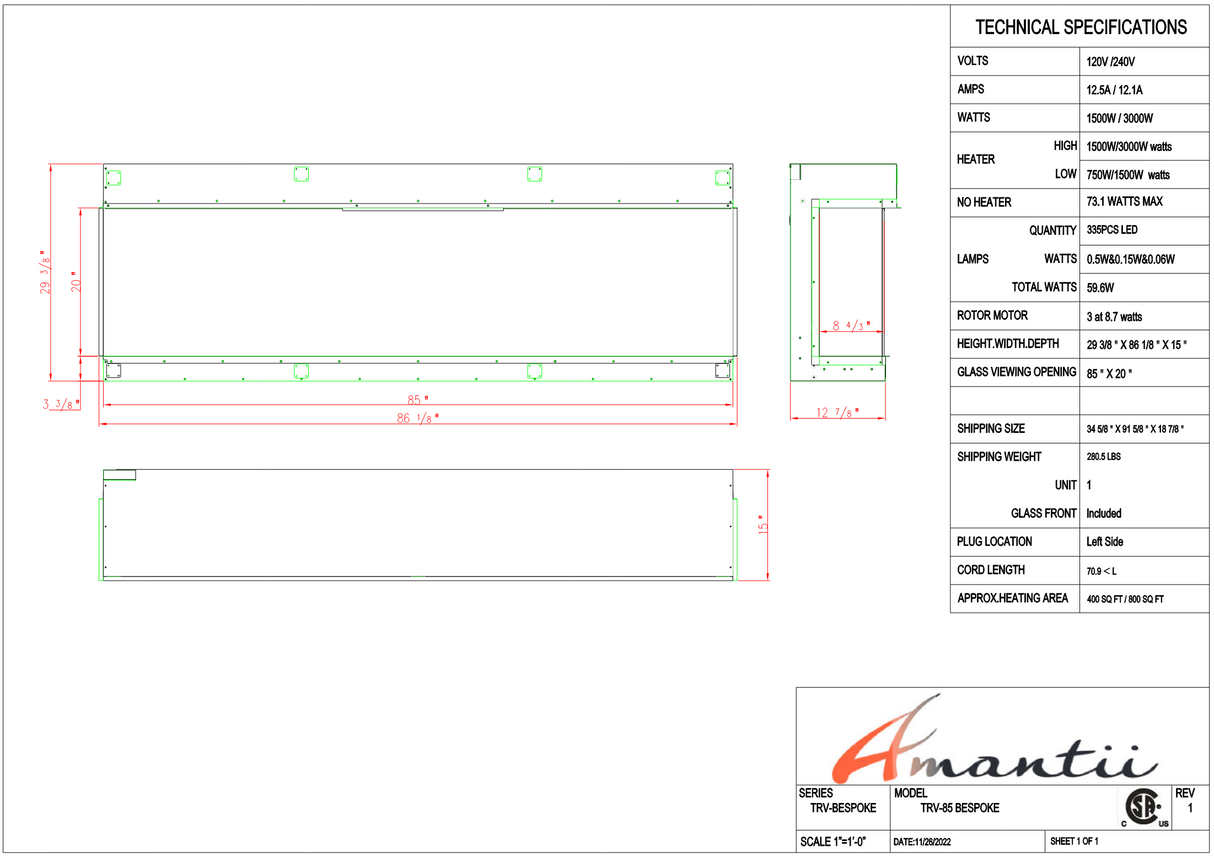 Amantii Tru View Bespoke - 85" Indoor / Outdoor 3 Sided Electric Fireplace TRV-85-BESPOKE - Serene Yards