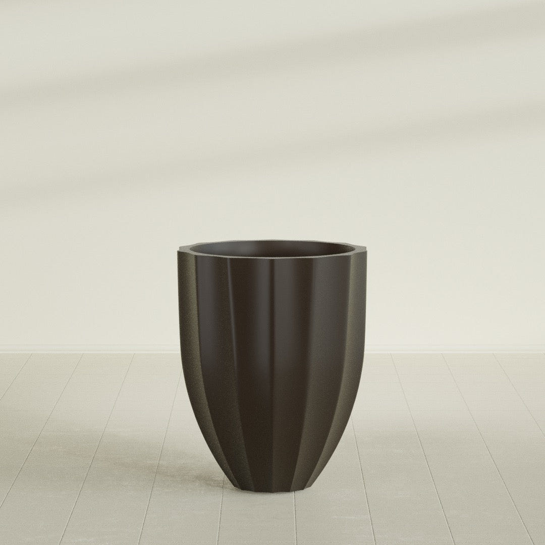 Alicante Fluted Planter in Matte Dark Brown, 26"D × 32"H, shown empty