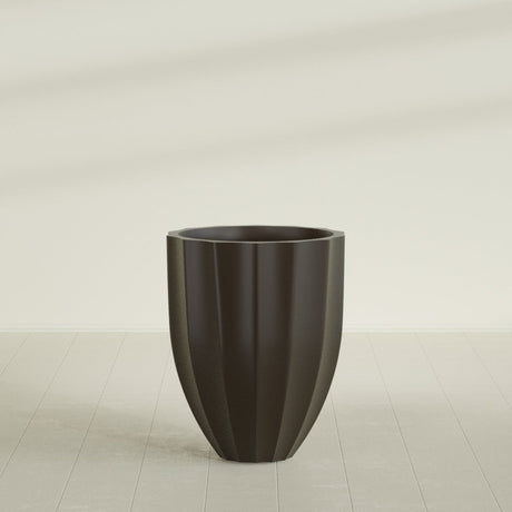 Alicante Fluted Planter in Matte Dark Brown, 26"D × 32"H, shown empty