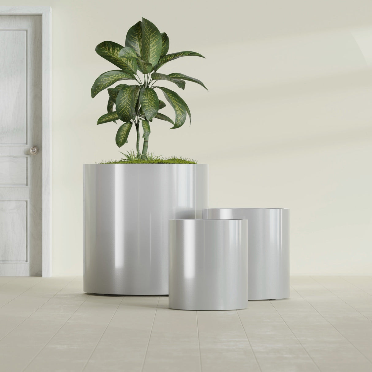 Rio Grande Cylinder fiberglass planter in Metallic Silver, size range, in a sunlit interior