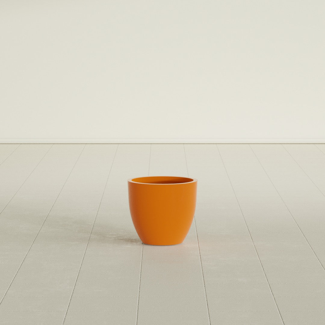Wannsee Round Planter in Gloss Tangerine, 15"D × 13"H, shown empty