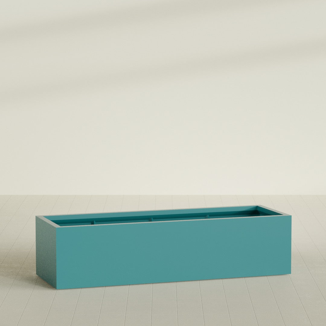 Torino Wide Rectangular Planter in Satin Seafoam Green, 72"L × 24"D × 18"H, shown empty