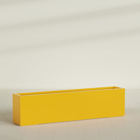 Miami Narrow Rectangular Planter in Gloss Saffron, 72"L × 12"D × 18"H, shown empty