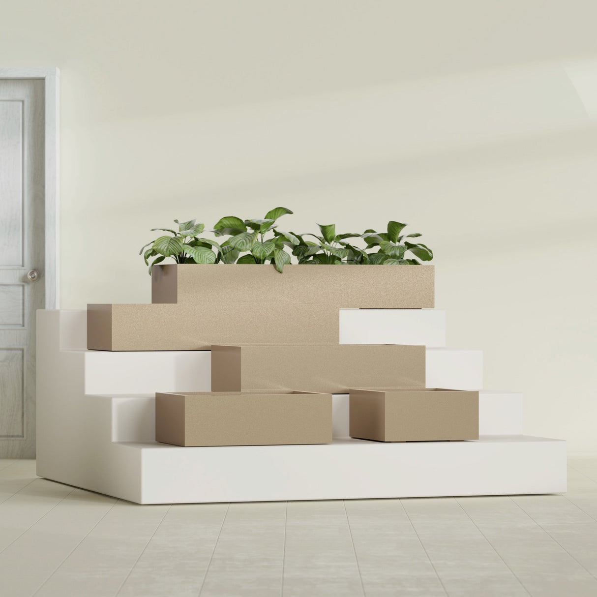 Antwerp Rectangular fiberglass planter in Gloss Metallic Gold, size range, in a sunlit interior