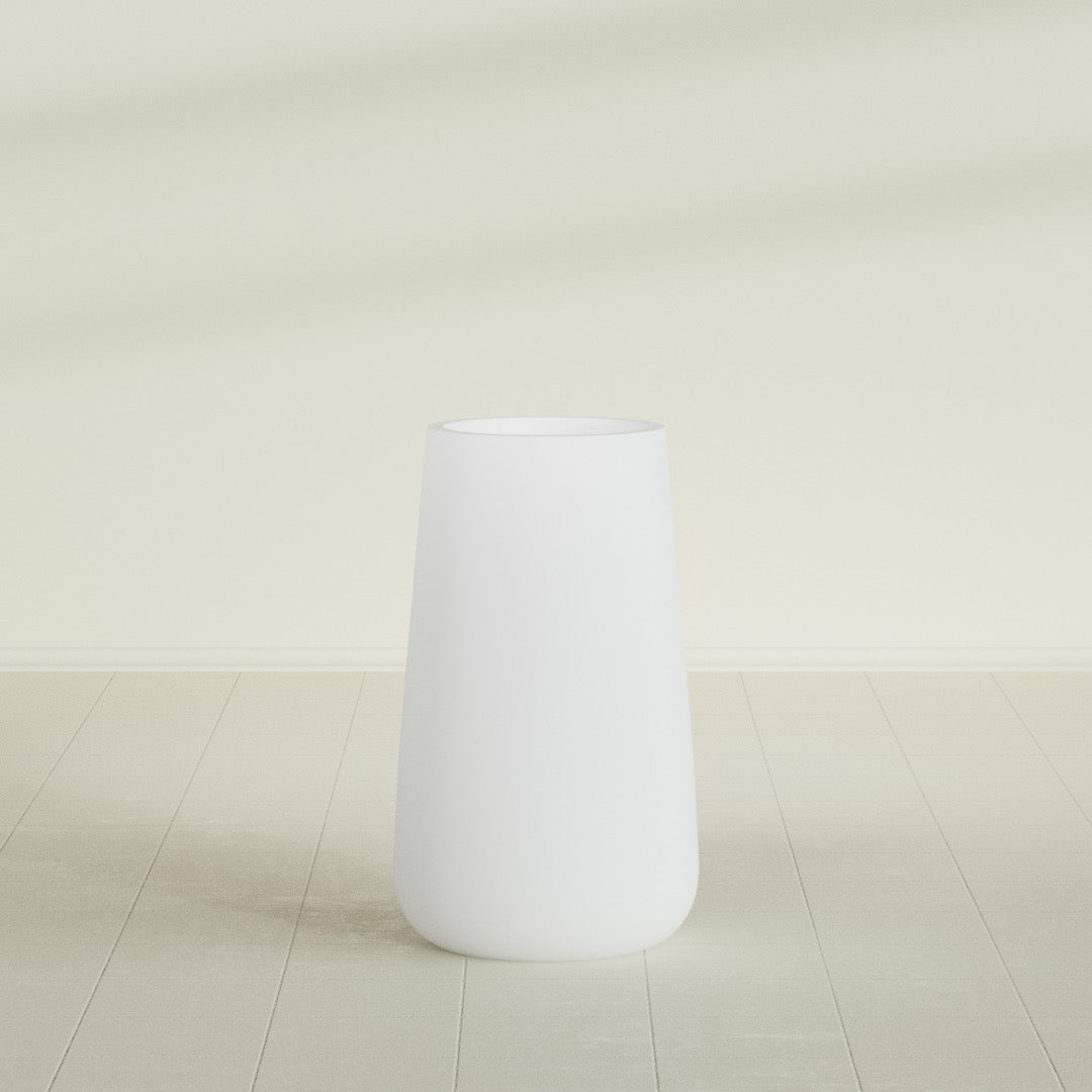 Saigon Tapered Round Planter in Gloss Bright White, 19"D × 42"H, shown empty