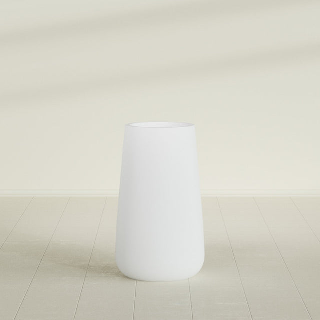 Saigon Tapered Round Planter in Gloss Bright White, 19"D × 42"H, shown empty