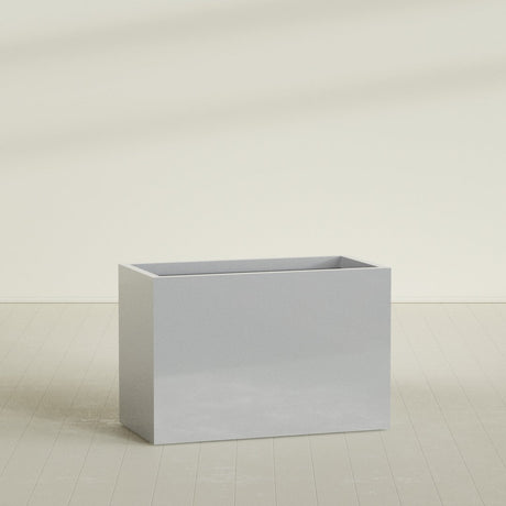 Brisbane Rectangular Planter in Metallic Silver, 48"L × 24"D × 32"H, shown empty