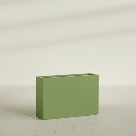 Milano Narrow Rectangular Planter in Satin Green, 36"L × 10"D × 24"H, shown empty