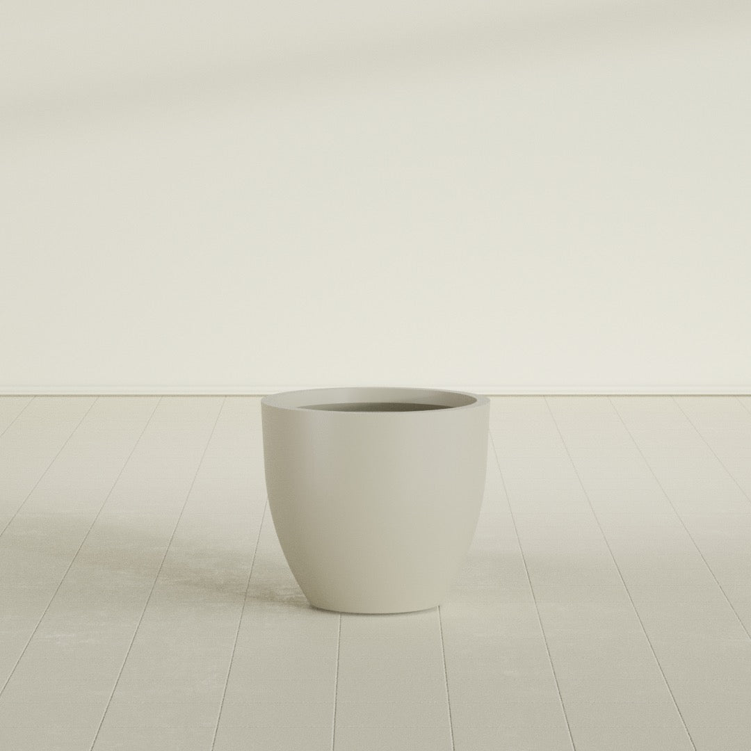 Wannsee Round Planter in Satin Beige, 27"D × 24"H, shown empty