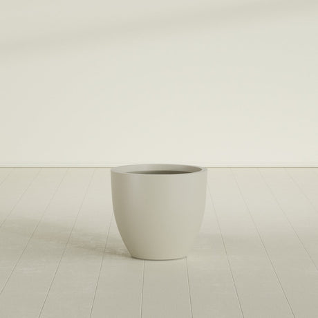 Wannsee Round Planter in Satin Beige, 27"D × 24"H, shown empty