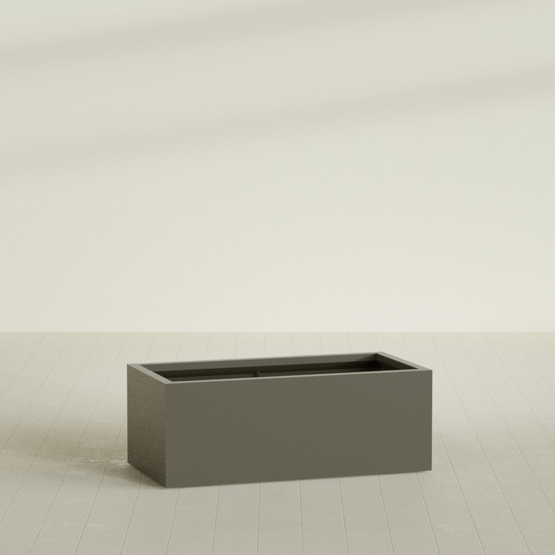 Torino Wide Rectangular Planter in Matte Bronze, 48"L × 24"D × 18"H, shown empty