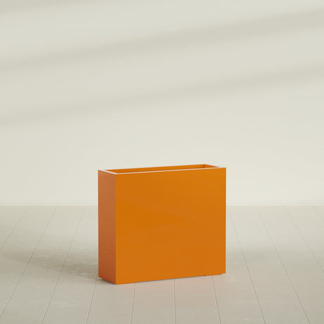 Delray Rectangular Planter in Gloss Tangerine, 36"L × 12"D × 32"H, shown empty