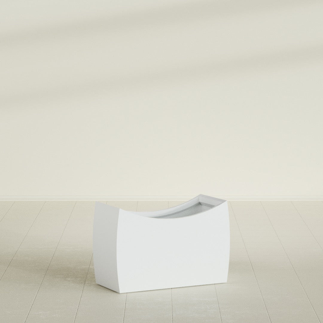 Seoul Curved Planter in Matte Bright White, 36"L × 16"D × 24"H, shown empty