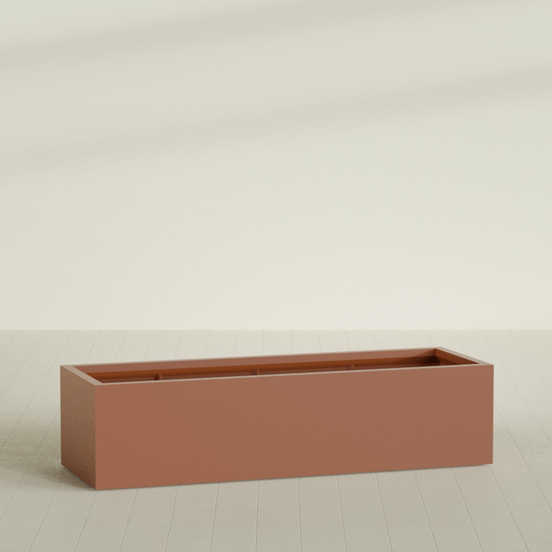Torino Wide Rectangular Planter in Matte Terra Cotta, 72"L × 24"D × 18"H, shown empty