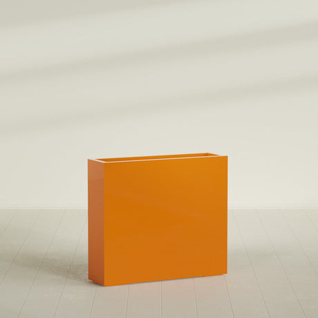 Amesbury Narrow Rectangular Planter in Gloss Tangerine, 36"L × 10"D × 32"H, shown empty