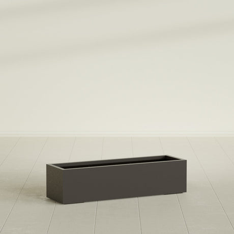 Cuba Low Rectangular Planter in Matte Dark Brown, 48"L × 14"D × 12"H, shown empty